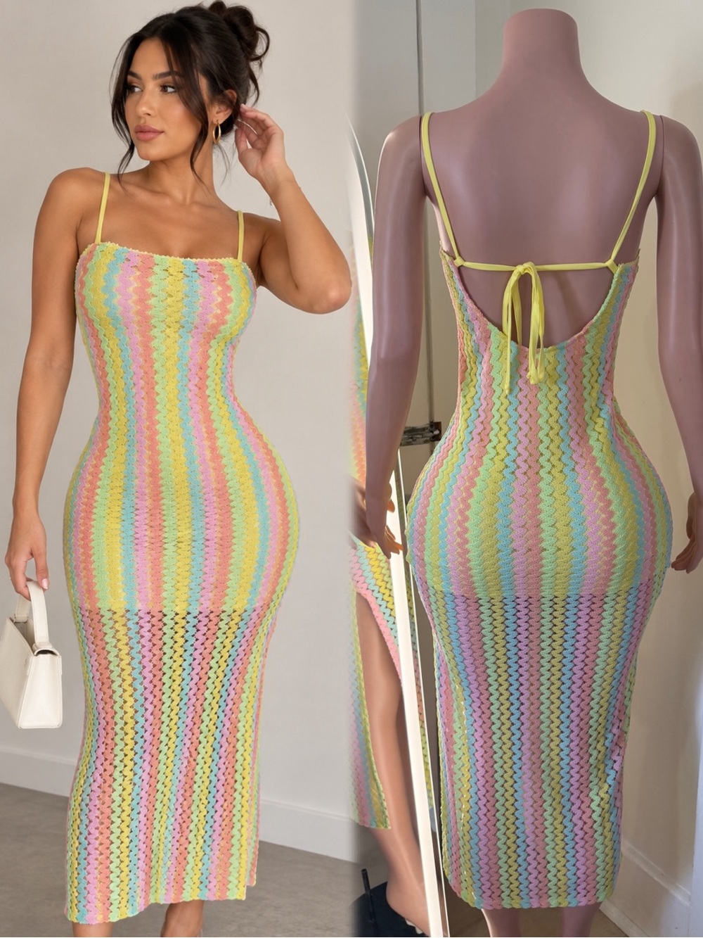 Pastel Rainbow Crochet Bodycon Dress - Yellow Straps